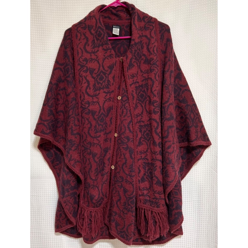 Novica Peruvian Alpaca Blend Poncho OS Jacket Cardigan Cozy Fall Burgundy b4 - Picture 2 of 10